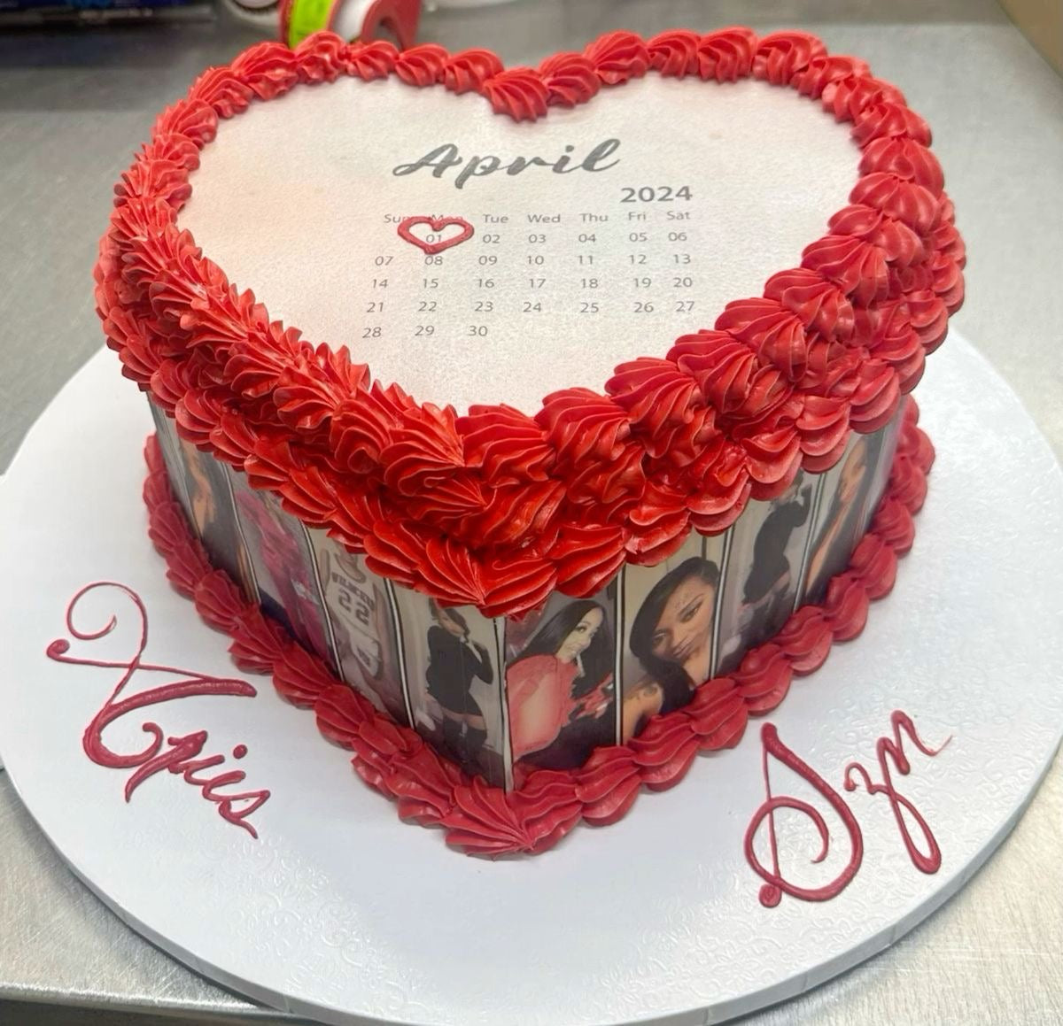 Photo cake heart shape with calendar top eggless 750gm