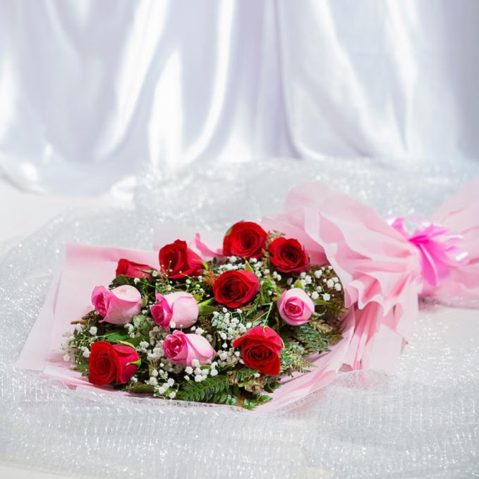 12 pink and red rose flower bouquet one side with Pink paper