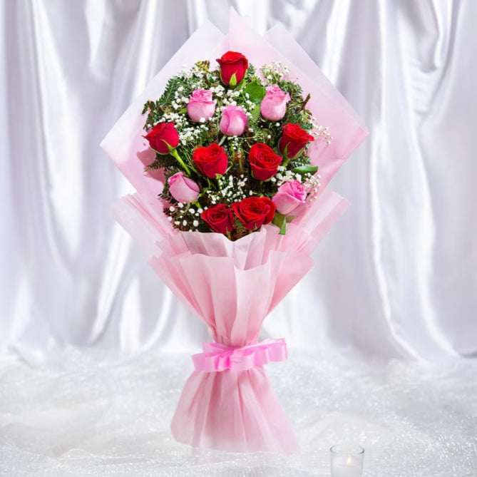12 pink and red rose flower bouquet one side with Pink paper