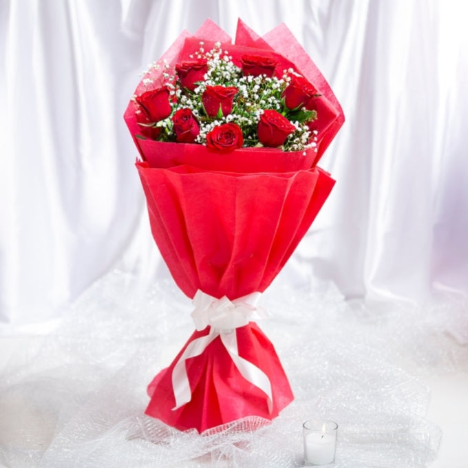 8 Rose Flower bouquet with Red paper paking