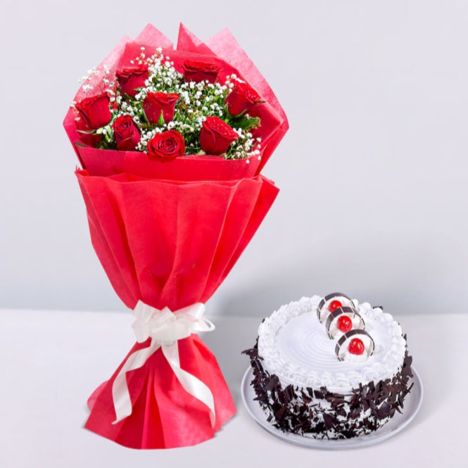 1 flower bouquet & black forest cake 500gm combo set