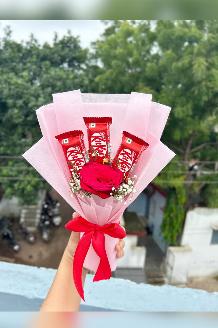 Kitkat Chocolate bouquet with pink paper paking