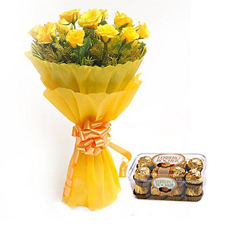10 yellow rose with yellow paper paking and 16 pice Ferraro rochar
