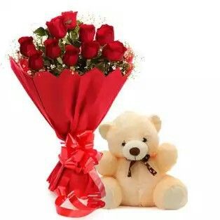20 Red rose flower bouquet with Red paper paking and 10 inch teddy bear