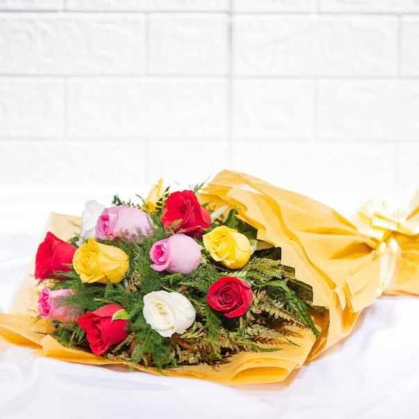14 Mix Rose flower bouquet with yellow paper paking