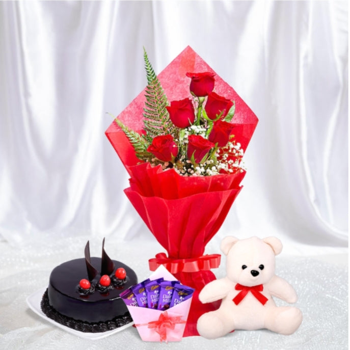 Combo - 1 teddy,1 chocolate cake, 5 diary milk,6 rose flower bouquet