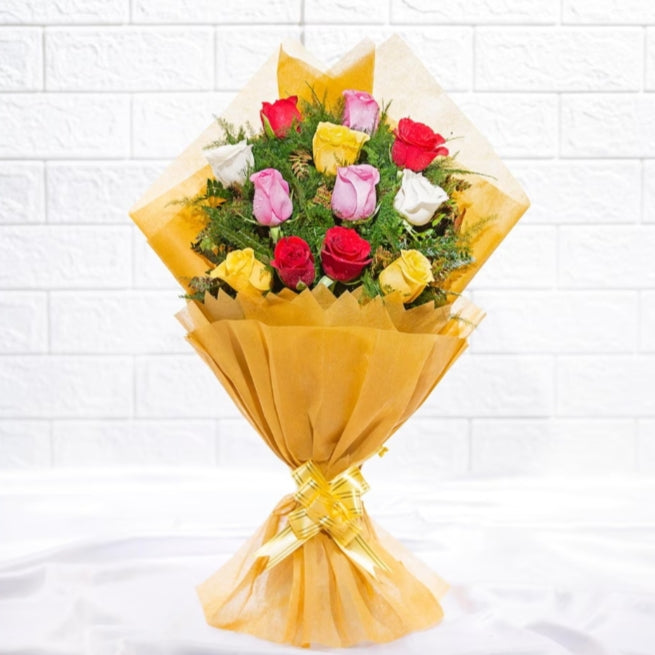 14 Mix Rose flower bouquet with yellow paper paking