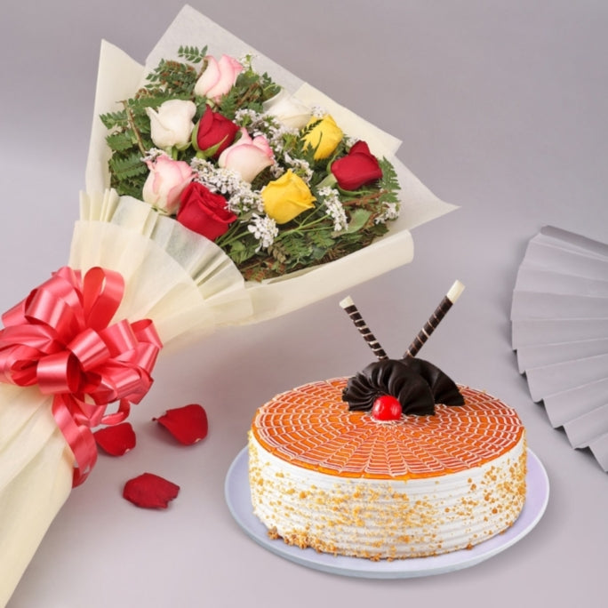 10 mix rose bouquet,500g butterscotch cake combo