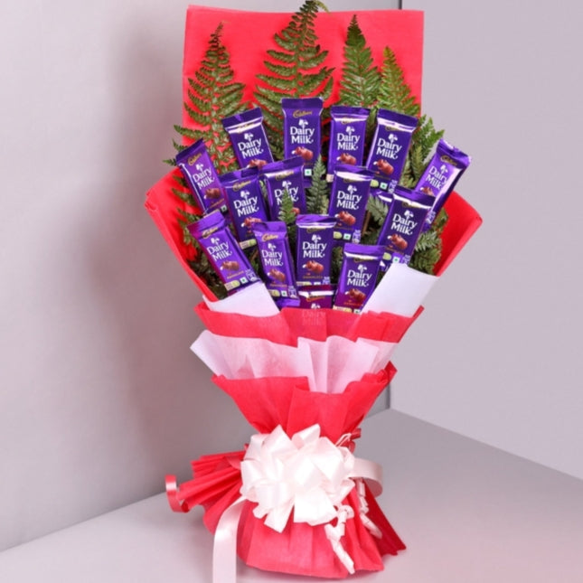 15 Diary milk chocolate Bouquet with Red and white paper paking iech 10 rupees with fillers